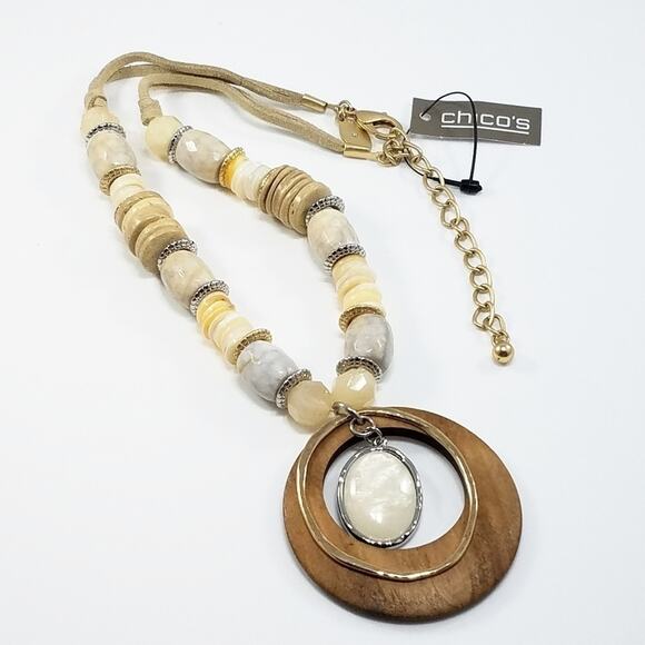 Chico's Beige Cream Gemstone Beaded Wood Necklace, New With Tags - Picture 1 of 8
